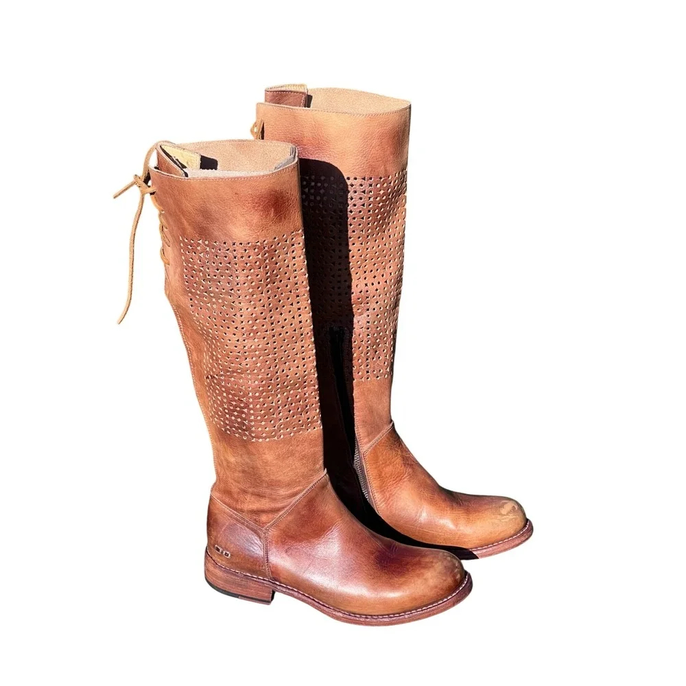 BED STU Tan Leather Knee High Boots Sz 7 Cutout‎ Laced Side Goodyear Welt Women